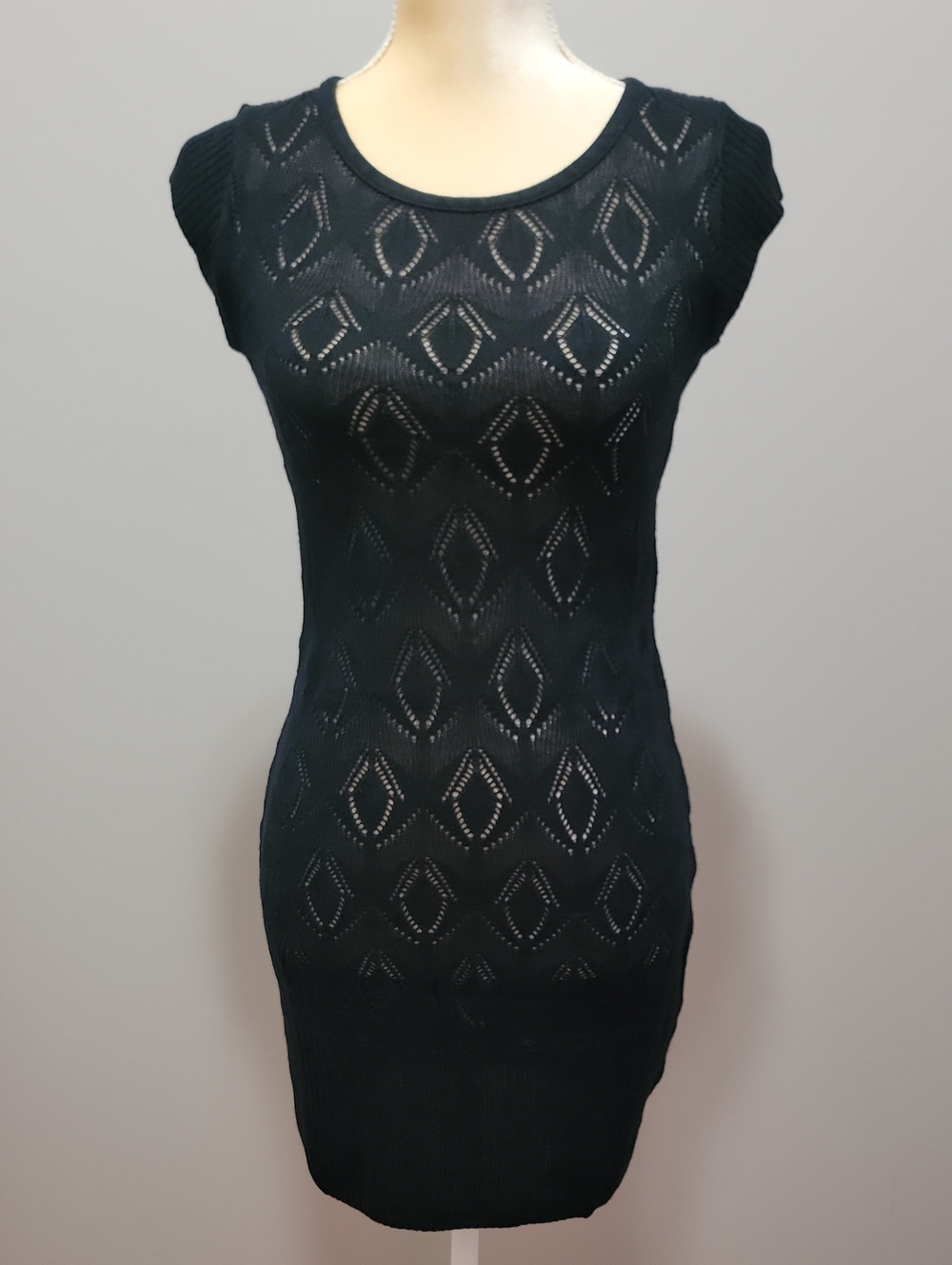 Vintage Tricot Joli Black Sheer Open Knit Diamond Pattern Fitted Tunic Dress S